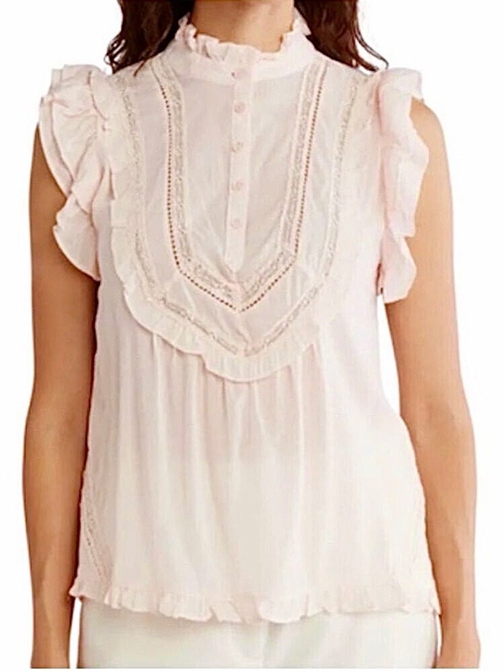 NWT JASON WU pale pink gauzey ruffle cap sleeve high neck blouse top S